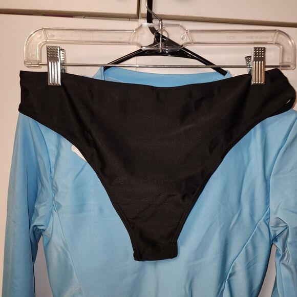 Womens  Blue Rashguard Long Sleeve Top With Black Bikini Bottom Sz L UFP Beach - Picture 3 of 16